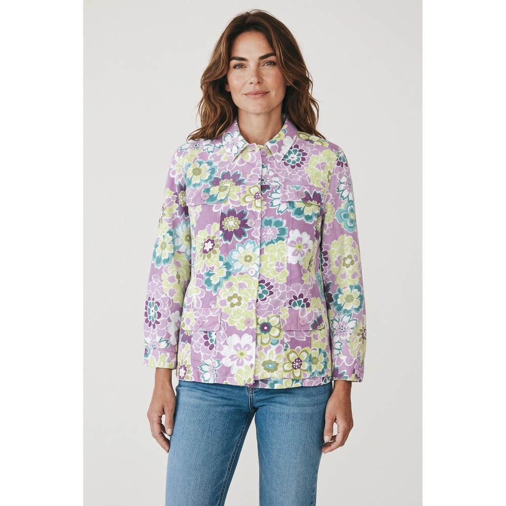 Alfred Dunner Floral Linen Blend Button Front Jacket Purple Green Size 12